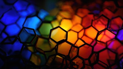Colorful glowing hexagonal shapes arranged in a honeycomb pattern with vibrant blue, orange, red, and yellow lighting creating a futuristic and abstract visual effect