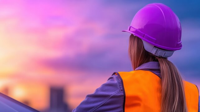 Construction worker observing sunset while wearing helmet and safety vest