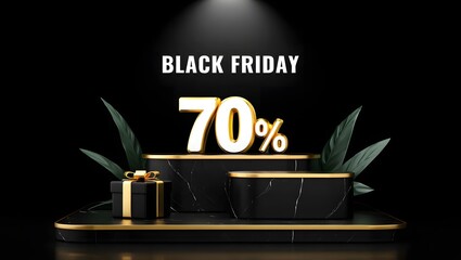 Black friday 70% off sale with gift box on a black marble podium with gold trim