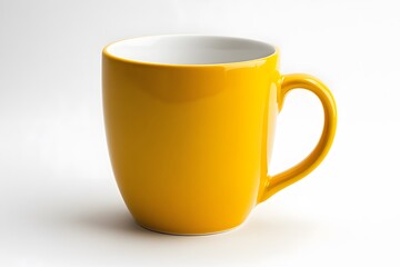 A close up of a bright yellow ceramic mug with a handle and a white interior on a white background
