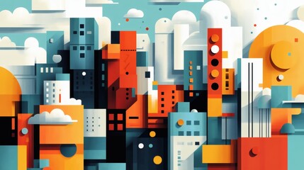 Abstract geometric cityscape illustration with vibrant colors and stylized buildings under a bright sky.