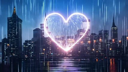 Romantic heart shape illuminated against rainy city backdrop during nighttime - Powered by Adobe