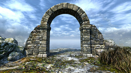 Ancient Stone Arch Gateway To Snowy Landscape