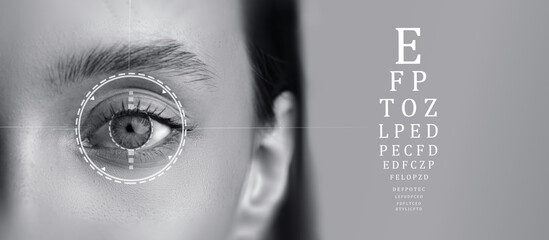 Visual representation of an eye examination setup featuring detailed text and charts in a clinical...
