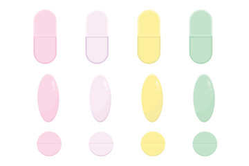Set of different pill and tablet icon with pastel color vector illustration. Suitable for clip art, stickers, flat design illustration, etc