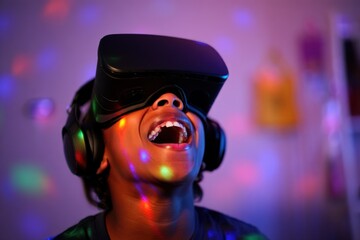 Naklejka premium young man wearing virtual reality headset and headphones smiling with mouth open surrounded by colorful light spots in a dim room