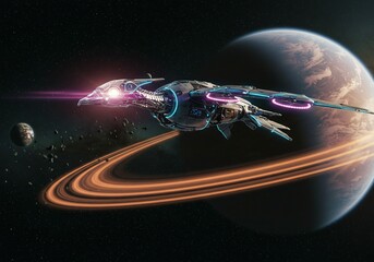 futuristic bird drone orbiting planet