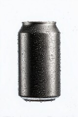 Cold drink aluminum can covered in water droplets on a plain white background