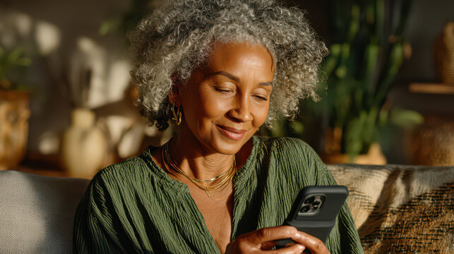 Radiant Senior Woman with a Smartphone: Captured indoors, an elegant senior woman with stunning silver hair is deeply engrossed in her smartphone. Her face, marked with the wisdom of time.