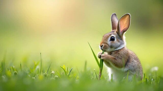 Young rabbit eating grass in a meadow