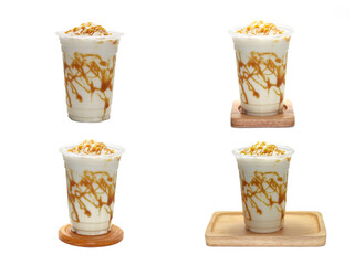 Collection pictures of Ice Vanilla milk put on wooden plates on white background and isolate photo...