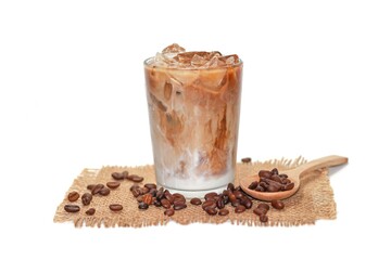 Ice latte coffee serving while coffee beans spread on white background,isolate concept.