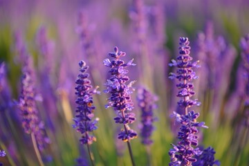 Naklejka premium Close-up of vibrant purple lavender flowers blooming in a sunlit garden with a soft, blurred green and purple background