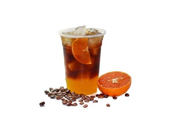 Americano ice coffee mix oranges juice served with orange juice slices,white background and isolate concept.