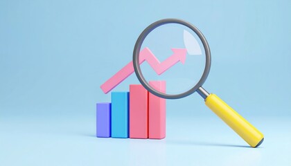 3d artificial education icon concept. Graph showing growth, viewed through a magnifying glass.