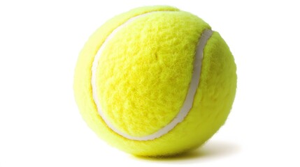 Close up shot of a single yellow tennis ball with white lines on a plain white background in studio light
