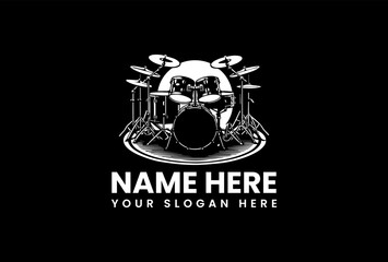 Detailed vector clipart logo of complete drum set with bass drum, snare and cymbals arrangement