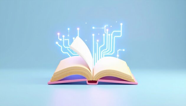 3d artificial education icon concept. Open book with digital circuits emerging from its pages.