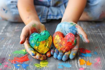 Child holding two colorful hearts painted for human rights month