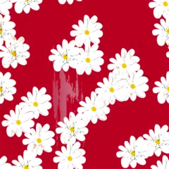 Fototapete Rund floral seamless background pattern, with abstract flowers, daisies, paint strokes and splashes, on red © Kirsten Hinte
