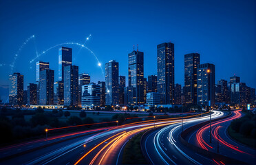 Fototapeta premium UrbanNightView:Tech&TrafficBlend