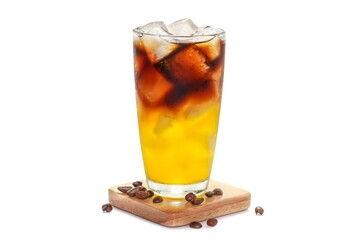 Ice americano oranges juice coffee serving on wooden plates on white background and isolate style.