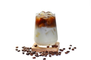 Latte ice coffee serving on wooden plates on white background and isolate style.