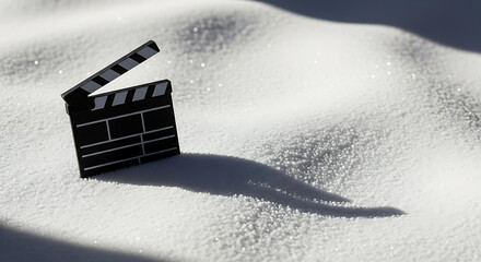 A clapperboard stands on crisp white winter snow, casting a long shadow on a sunny day. Film production and entertainment concept for holiday movie.