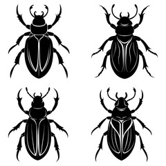Four black beetle illustrations with detailed legs and antennae on a white background display insect art