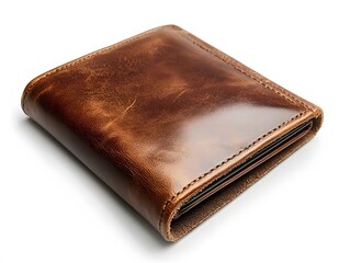 A close up shot of a brown leather wallet on a white background with visible stitching and card slots