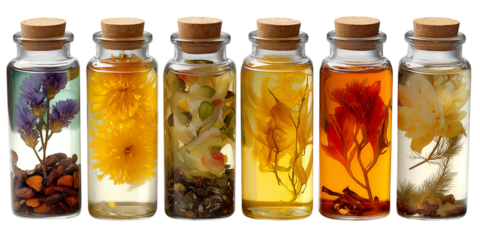 glass bottles filled with assorted flower-infused oils and herbs isolated on white background