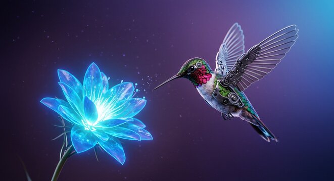 Robotic Hummingbird Hovering by Neon Flower