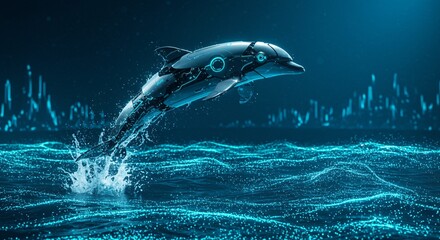 Robotic Dolphin Leaps from Futuristic Digital Ocean