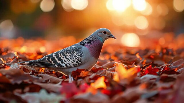Beautiful Eurasian Turtle Dove bird standing on autumn leaves ground with sunset light. Bird watching photography in nature landscape.