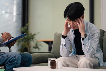 Stressed patient are treated by a psychologist or doctor in a psychiatric clinic. Patients reported...