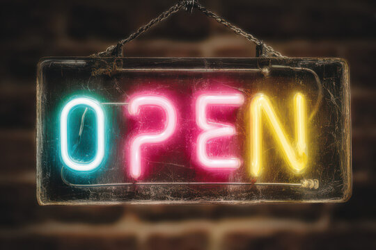 Neon Open Sign: A vibrant neon sign glows brightly, announcing OPEN in eye-catching colors, a beacon of welcome against a rustic brick backdrop, inviting customers in.