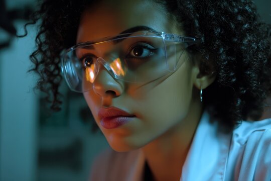 Jovem brasileira, t&eacute;cnica de laborat&oacute;rio ou m&eacute;dica, com &oacute;culos AR