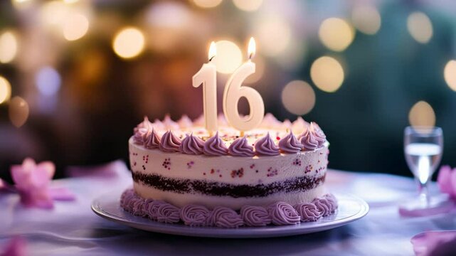 Celebrating Sixteen Year Old Birthday Cake with Candles Pink Frosting in Soft Focus Background
