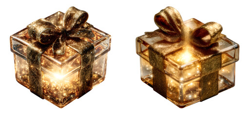 Two golden gift boxes with ribbon and bow isolated on transparent background