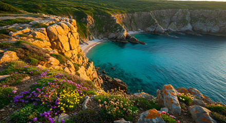 Secluded Coastal Paradise: A breathtaking view of turquoise waters embraced by dramatic cliffs and vibrant wildflowers.