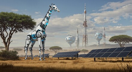 Futuristic Robotic Giraffe in Tech Savanna