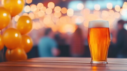 Craft beer served in a clear glass at a lively celebration with bright decor