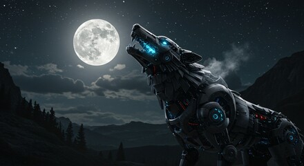 Mechanical Wolf Howl Under Moonlight