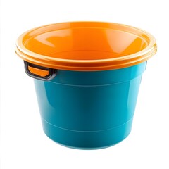 A close up shot of a blue and orange plastic bucket isolated on a white background in a studio setting