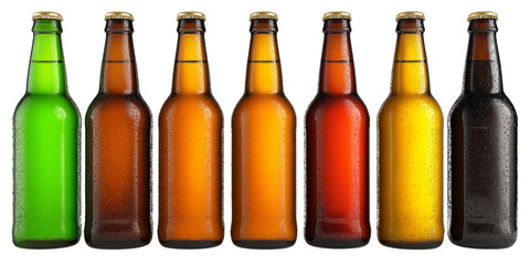  beer bottles with varying colors and styles isolated on white background