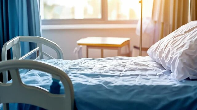 Empty hospital bed in sunlight, promoting healthcare, medicine, and recovery. Modern clean room for treatment, focus on pillow, window light.