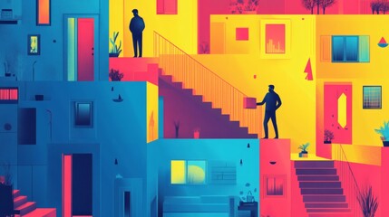 Abstract illustration of a futuristic building with people delivering packages.