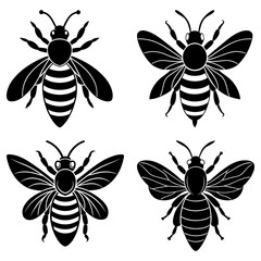 Four stylized black and white honey bees with striped abdomens and detailed wings in a graphic design