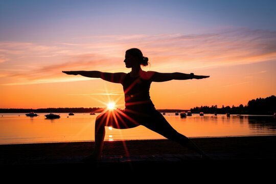 Silhouette of a woman practicing warrior yoga pose on a waterfront during vibrant sunset with boats floating on calm water