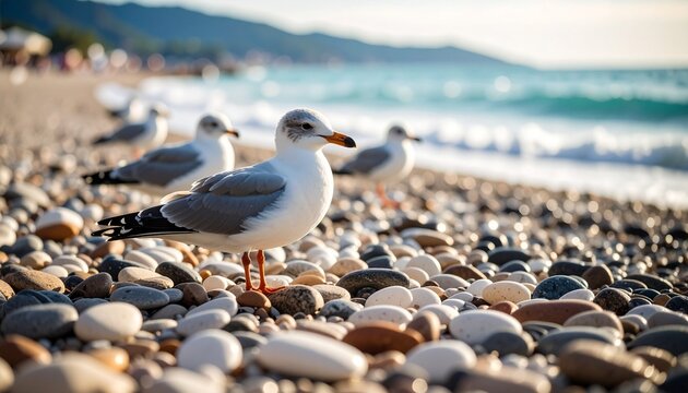 pebbled beach with seagulls